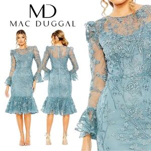 Mac Duggal Teal Embroidered Long Sleeve Dress size 2